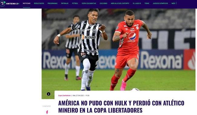 Antena 2 destacou a grande partida de Hulk na vitória do Atlético sobre o América-COL
