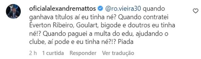 Alexandre Mattos respondeu alguns cruzeirenses em publicao do atacante Edu