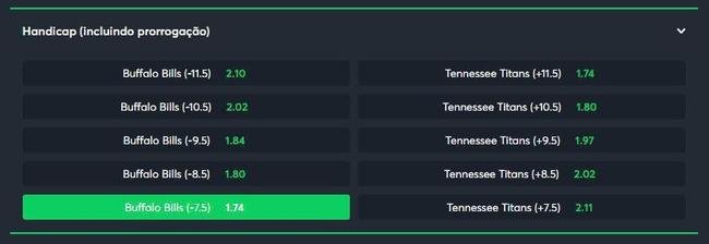 Buffalo Bills -7,5 contra Tennessee Titans (odd 1.74) - O Buffalo Bills  apontado como grande favorito ao ttulo da NFL neste ano. A equipe est muito forte e mostrou domnio sobre o atual campeo, fora de casa, na semana 1. J o Titans perdeu de virada para o Giants em jogo que foi para o intervalo vencendo por 3 a 0. A tendncia  de uma vitria tranquila para o Bills em casa. O handicap indicado  alto, mas tem muito valor, pois  jogo para um bom placar de Buffalo.