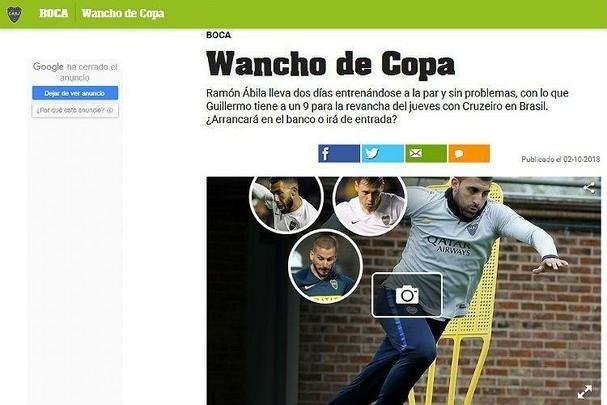 Ol: 'Ramn bila vem treinando por dois dias e sem problemas. Guillermo tem um 9 para a revanche nesta quinta-feira com o Cruzeiro, no Brasil. Ser que ele que vai comear no banco ou vai entrar?',diz a manchete do Ol, destacando a possibilidade de o ex-atacante cruzeirense reforar o Boca no Mineiro 
