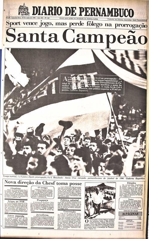 1990 - Santa Cruz 0 x 1 Sport / Campeonato Pernambucano - Em uma final decidida em dois jogos, o Santa Cruz venceu a primeira partida na Ilha e perdeu em casa no Arruda. Mas na prorrogação, o time segurou o empate em 0 a 0 e levantou a taça.