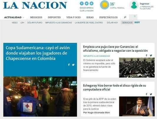 La Nacion (Argentina) - Copa Sulamericana: cai avio onde viajavam jogadores da Chapeconse, na Colmbia