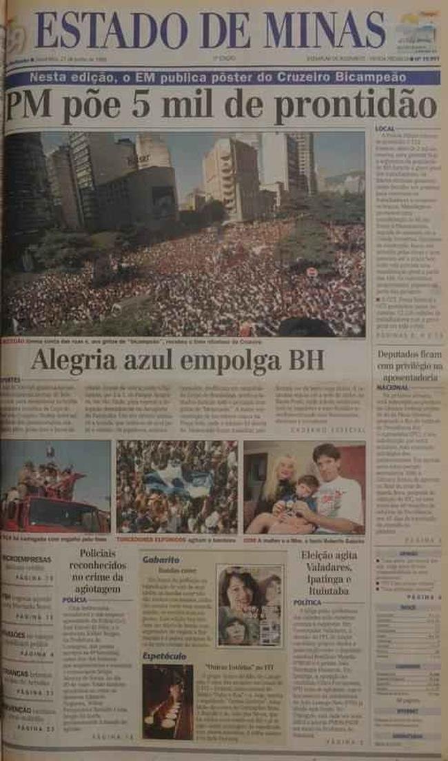 Pginas do jornal Estado de Minas em 21/06/1996, com cobertura da festa da torcida na chegada do time