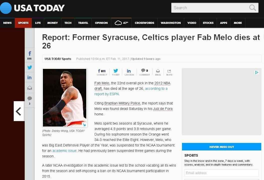 Jornal norte-americano USA Today destacou trajetria de Fab Melo nos Estados Unidos