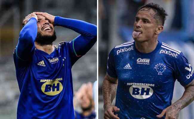 Atacante Felipe Augusto (esq), em 2021, pelo Cruzeiro, e centroavante Edu (dir), nesta temporada, pela Raposa