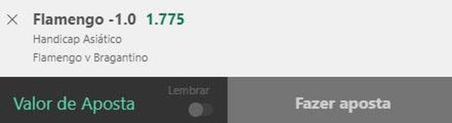 Flamengo handicap asi�tico -1 contra o Bragantino (odd 1.77) - O Flamengo vem caindo de rendimento no Campeonato Brasileiro, especialmente por n�o utilizar a equipe completa nas �ltimas partidas. O Rubro-Negro deve utilizar for�a m�xima neste s�bado e enfrentar� um oscilante Bragantino, que teve cinco empates e tr�s derrotas nos �ltimos oito jogos. Se o Rubro-Negro vencer por um gol de diferen�a, teremos reembolso.