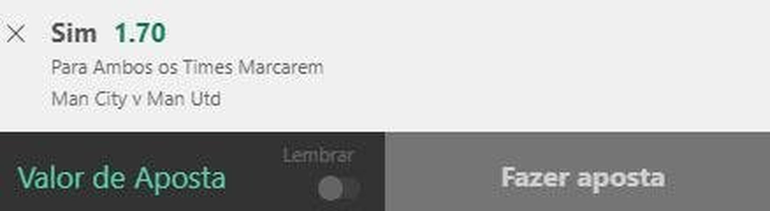 Ambos marcam em City x United (odd 1.70) - O clssico deste ano promete bastante. O Manchester United est em reconstruo e tem um time forte, especialmente na parte ofensiva. J o City tem um dos melhores ataques do mundo. A expectativa  por um jogo com muitos gols e, por isso, acreditamos em grande valor nessa entrada. 