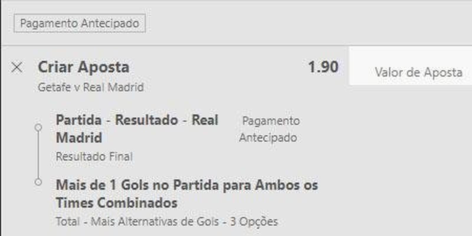 Real Madrid vence e mais de um gol no jogo contra o Getafe (odd 1.90) - O Real Madrid empatou em casa com o Osasuna na ltima rodada e perdeu a liderana do Espanhol para o Barcelona. Com os dois times em alta, qualquer ponto perdido pode fazer diferena na competio. Por isso, o time deve ter fora mxima no duelo deste sbado. Mesmo fora de casa, os merengues so favoritos contra o Getafe, que faz campanha ruim e  apenas o 15 colocado.