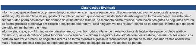 Trecho da súmula do árbitro sobre episódios na partida entre Atlético e Santos