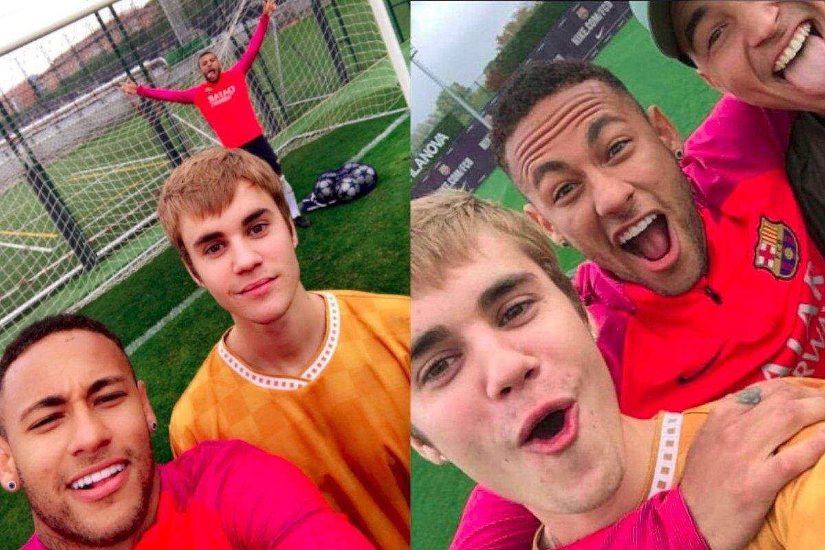 O ento camisa 11 do Barcelona, Justin Bieber e Rafinha, ao fundo durante o treino