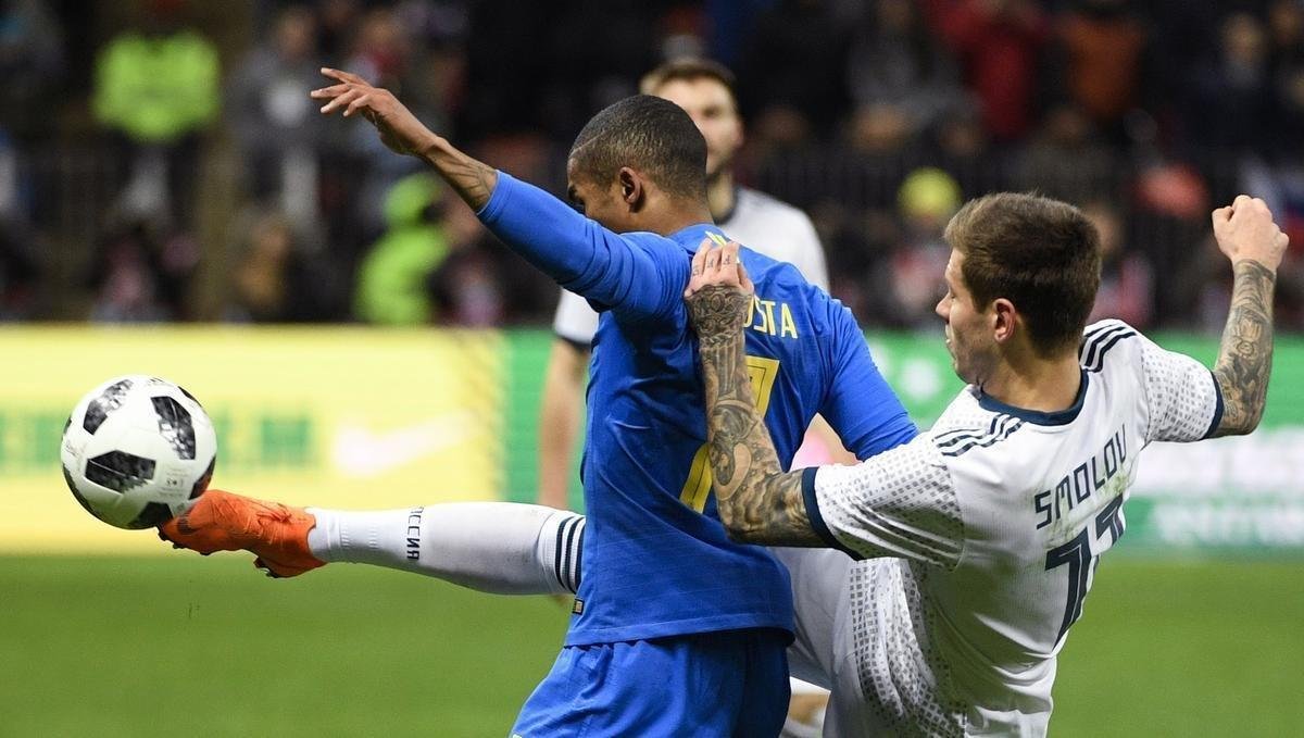 Imagem da partida amistosa entre Rssia e Brasil, no Estdio Lujniki, em Moscou