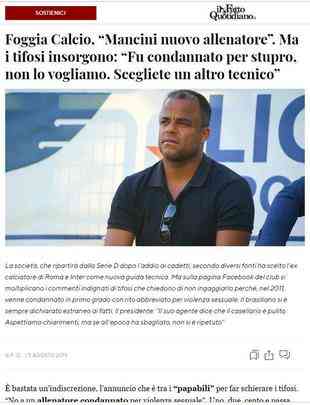 Imprensa italiana noticiou a rejeição de torcedores do Foggia a Mancini; técnico foi condenado por estupro em 2011