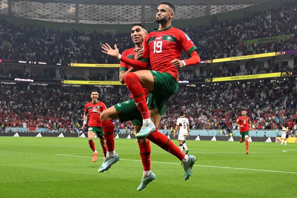 Fotos do gol de Youssef En-Nesyri, de Marrocos, sobre Portugal, pelas quartas de final da Copa do Mundo de 2022, no Catar