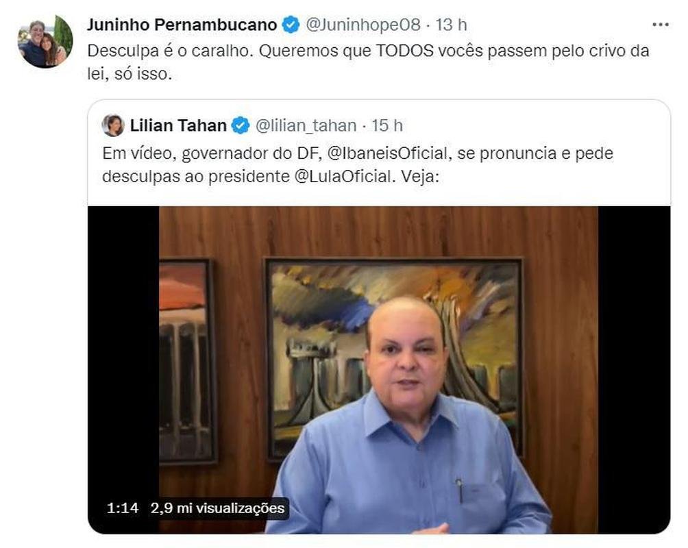 dolo do Vasco e do Lyon, o ex-jogador e comentarista Juninho Pernambucano criticou o governador de Braslia Ibaneis Rocha. O poltico foi afastado do cargo pelo ministro Alexandre de Moraes, do STF, que o considerou conivente com golpistas que depredaram sedes dos trs poderes.