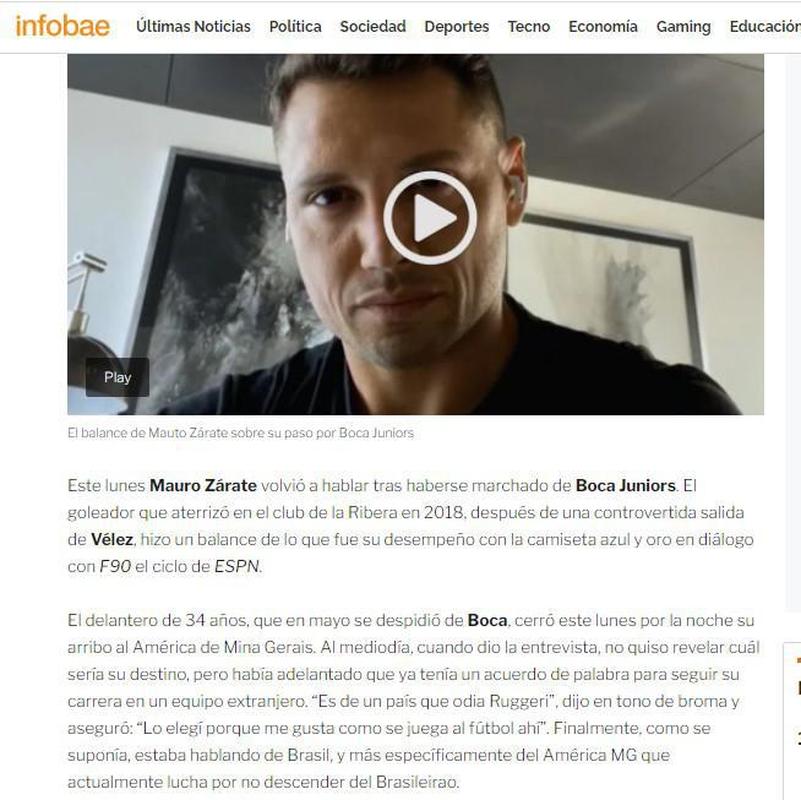 Infobae relembrou 16 frases marcantes de Mauro Zárate; portal destaca que, nesta segunda-feira (30), antes do acerto, o atacante deu uma entrevista para a ESPN e deu uma 'pista' de seu novo destino: 'É de um país que odeia Ruggeri' (ex-zagueiro argentino, campeão da Copa do Mundo de 1986)