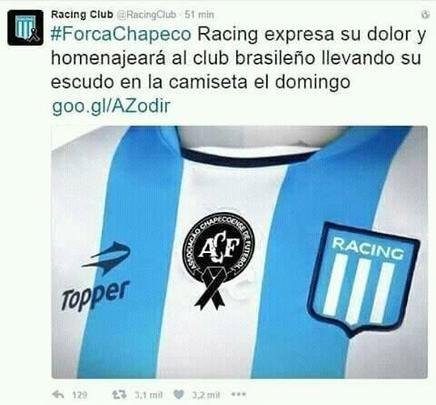 Racing Club, da Argentina, anunciou no Twitter que usar uma camisa com o escudo da Chape estampado em seu prximo jogo 