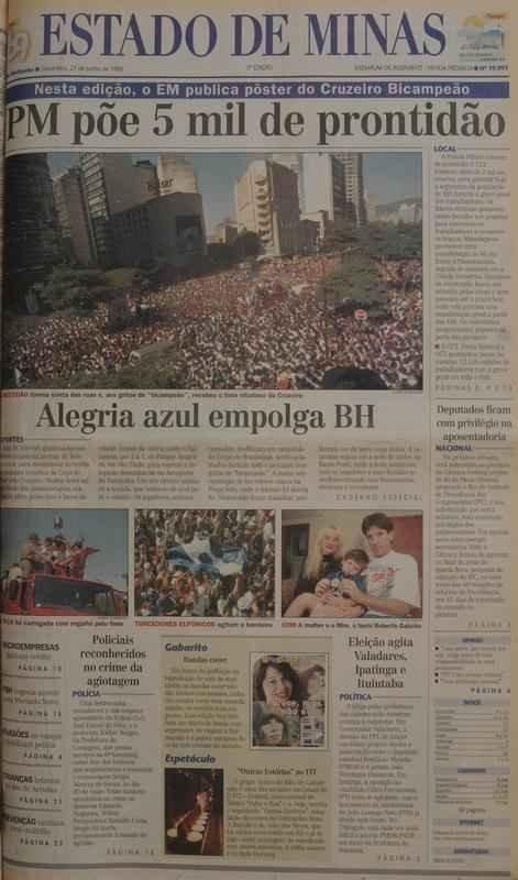 Pginas do jornal Estado de Minas em 21/06/1996, com cobertura da festa da torcida na chegada do time