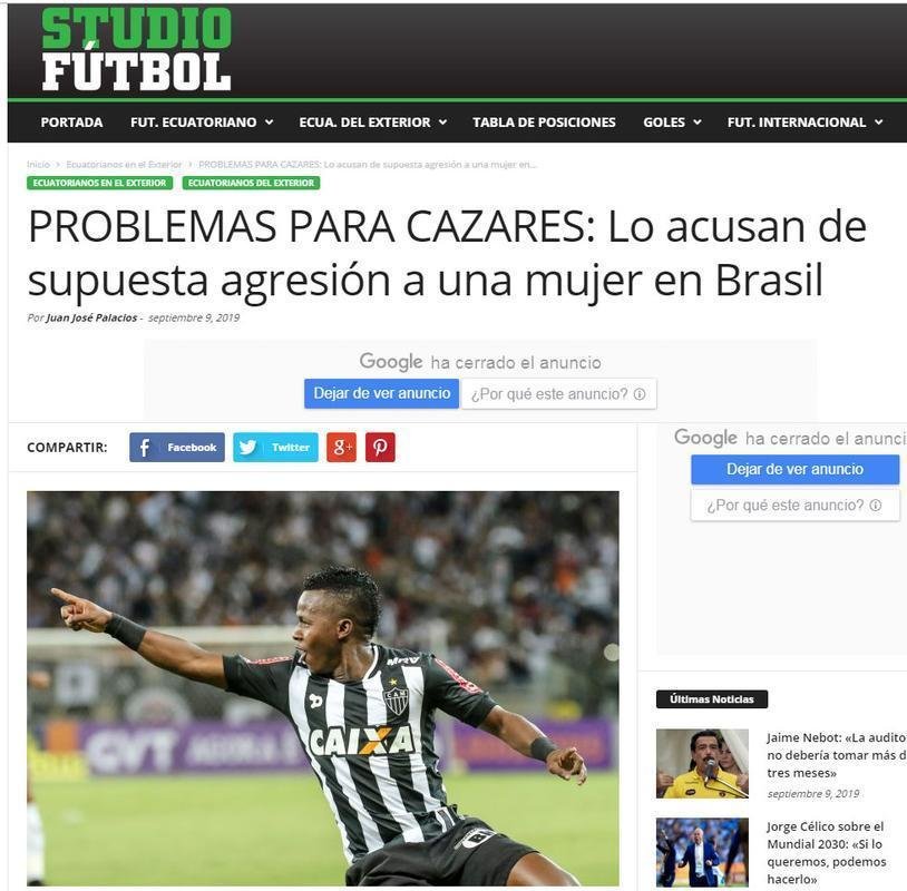 Aps comentar a denncia de agresso, o portal Studio Ftbol diz que Cazares est imerso em uma polmica no Brasil.