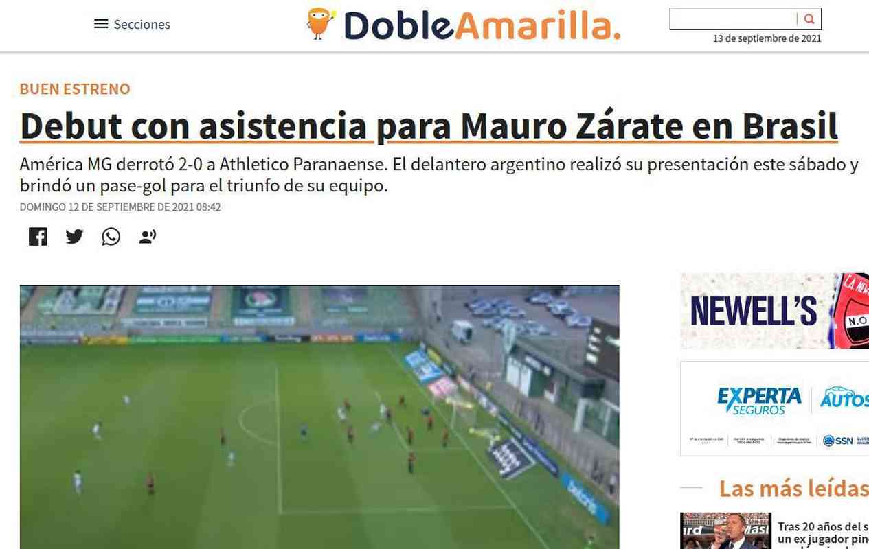 O site 'Doble Amarilla' disse que a entrada de Zrate no jogo foi determinante para o segundo gol, que consolidou a vitria americana