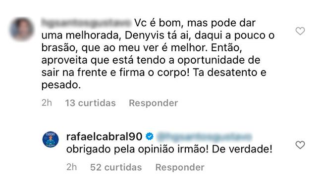 Criticado, Rafael Cabral respondeu crticas de torcedores no Instagram