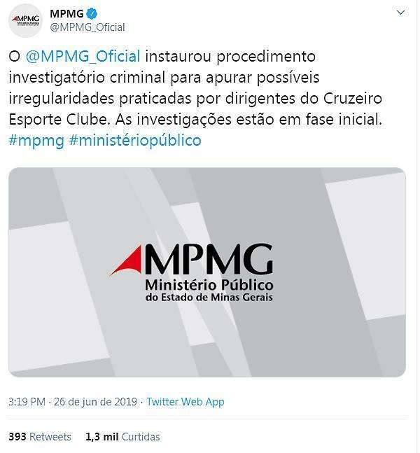 Em 26 de junho, o MP iniciou uma investigao para apurar possveis irregularidades praticadas por dirigentes do Cruzeiro