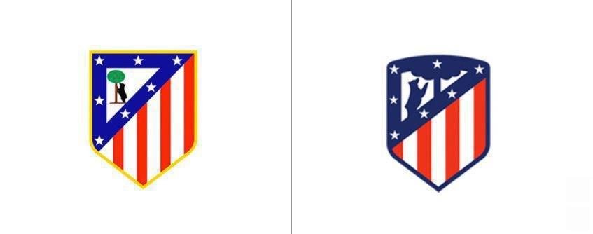 O Atltico de Madrid realizou mudanas no escudo (direita) em 2017. A tentativa do clube foi deixar o smbolo com design mais simples