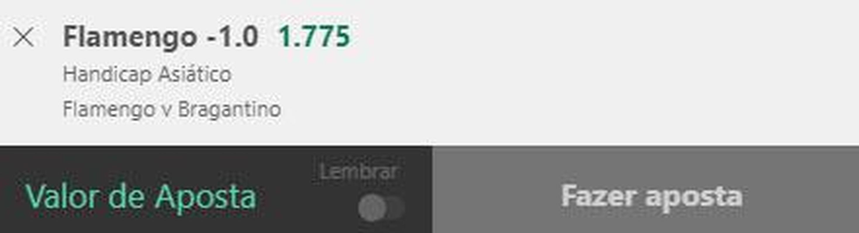Flamengo handicap asitico -1 contra o Bragantino (odd 1.77) - O Flamengo vem caindo de rendimento no Campeonato Brasileiro, especialmente por no utilizar a equipe completa nas ltimas partidas. O Rubro-Negro deve utilizar fora mxima neste sbado e enfrentar um oscilante Bragantino, que teve cinco empates e trs derrotas nos ltimos oito jogos. Se o Rubro-Negro vencer por um gol de diferena, teremos reembolso.