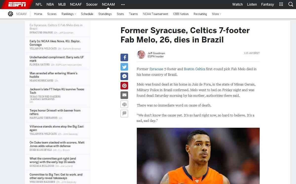 ESPN dos Estados Unidos deu detalhes da carreira do mineiro Fab Melo no basquete 