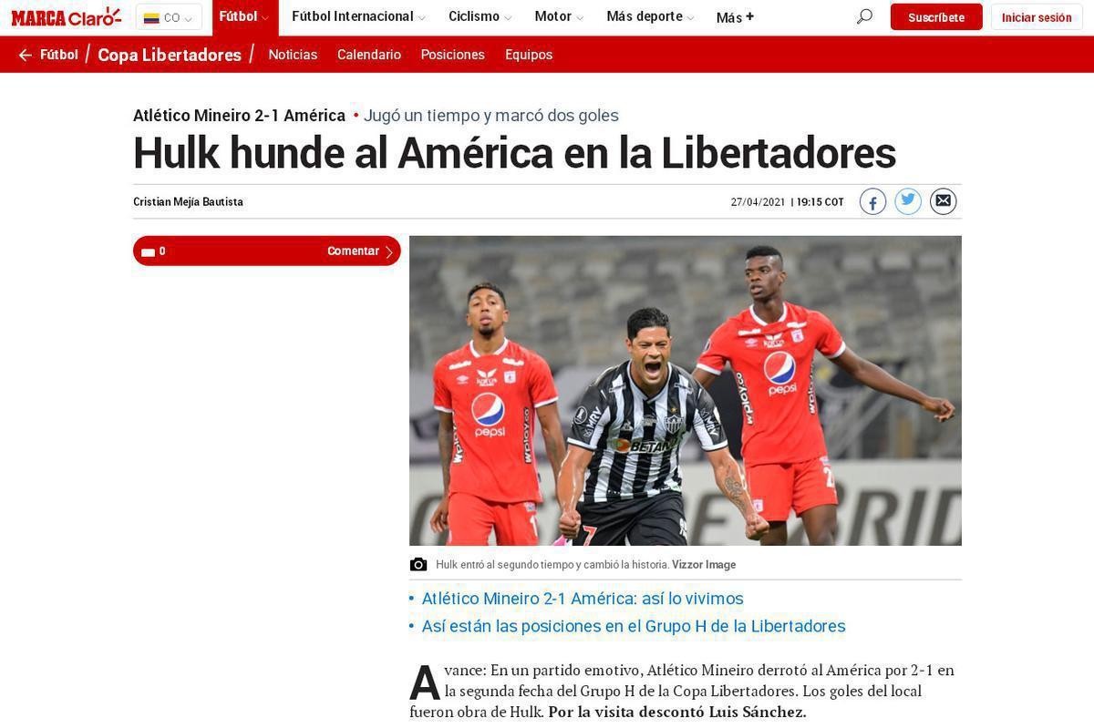 Marca Colômbia: 'Hulk afunda o América na Copa Libertadores'