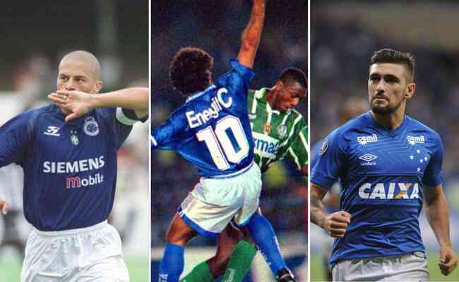 Os ex-camisas 10 do Cruzeiro Alex (esq), em 2003; Palinha, em 1996; e Arrascaeta, em 2018