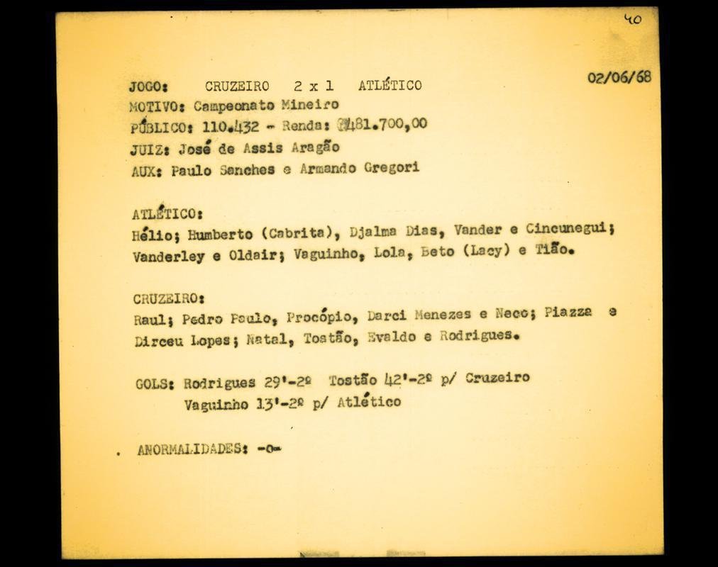 5 - Cruzeiro 2 x 1 Atltico (2 de junho de 1968, pelo Campeonato Mineiro) - 110.432 torcedores
