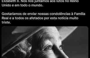 Postagem do Chelsea - O Chelsea Football Club est profundamente triste ao saber do falecimento de Sua Majestade a Rainha Elizabeth II. Ns nos juntamos aos lutos no Reino Unido e em todo o mundo. Gostaramos de enviar nossas condolncias  Famlia Real e a todos os afetados por esta notcia muito triste.