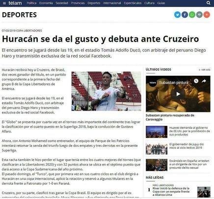 O Facebook fechou contrato até 2022 com a Conmebol para transmitir 46 partidas por ano na Copa Libertadores, dentre elas o jogo entre Huracán e Cruzeiro