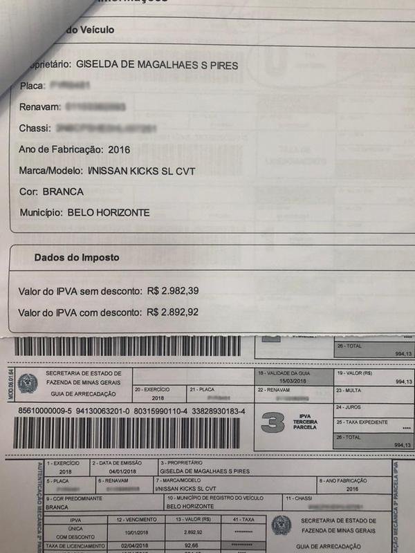 Documentos e comprovantes de pagamentos de impostos de carros da esposa de Wagner, Giselda de Magalhes Santos Pires