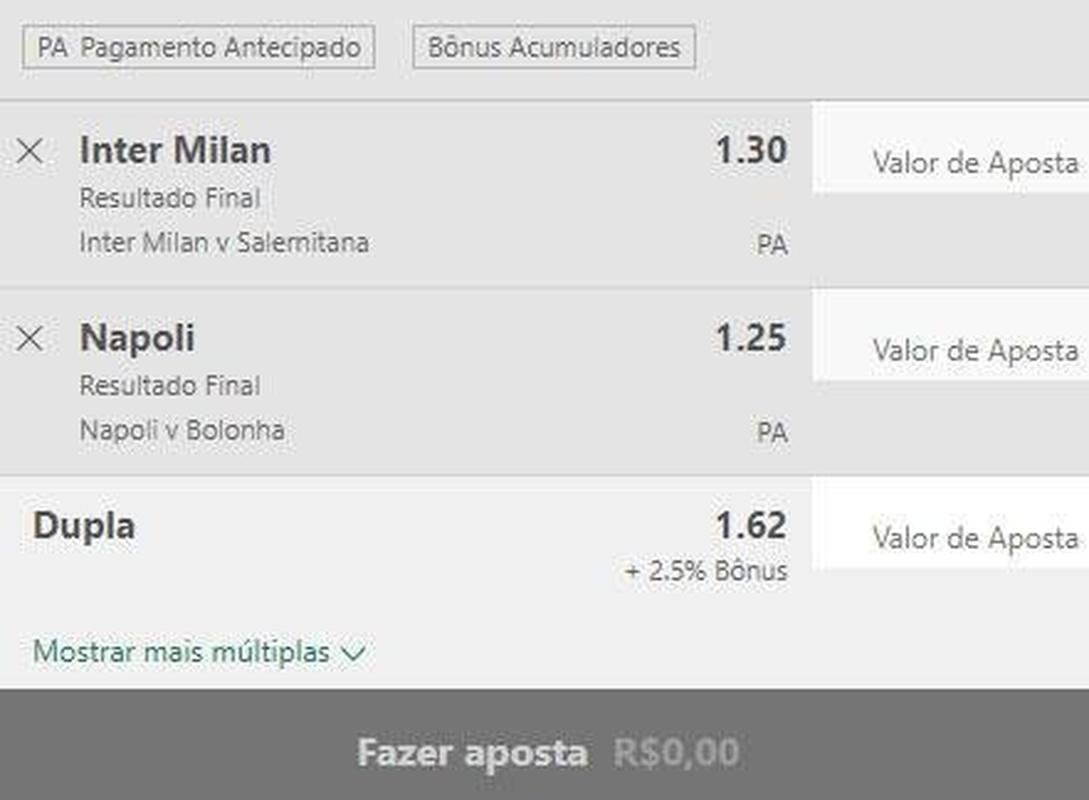 Internazionale vence Salernitana, e Napoli vence Bolonha (odd 1.62) - A Inter no comeou bem o Campeonato Italiano, mas recebe um adversrio que soma trs empates e uma derrota (por 5 a 0 para o Sassuolo) jogando fora de casa. Favoritismo enorme da Inter. J o Napoli  o lder isolado, com sete vitrias e dois empates em nove jogos. A equipe recebe o Bolonha, que est uma posio acima da zona de rebaixamento, e no deve ter dificuldades para vencer em seus domnios.