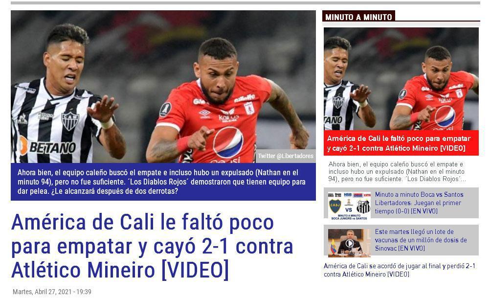 El Periódico Deportivo: 'Faltou pouco para o América-COL empatar com o Atlético'