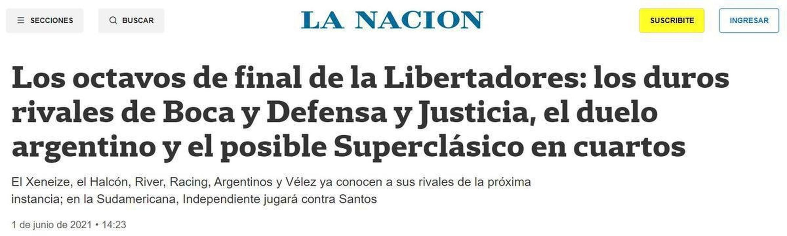 La Nacin: o La Nacin classifica como 'duros' os rivais de Boca Juniors-ARG (Atltico) e Defensa y Justicia-ARG (Flamengo) e tambm projeta um possvel Superclssico nas quartas de final. 'Dessa forma, poderia se reavivar o fogo de uma rivalidade muito forte nos ltimos anos dos dois maiores do futebol argentino na Copa Libertadores', l-se.