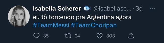 Atriz e filha do ex-nadador Xuxa, Isabella Scherer torcer para Messi