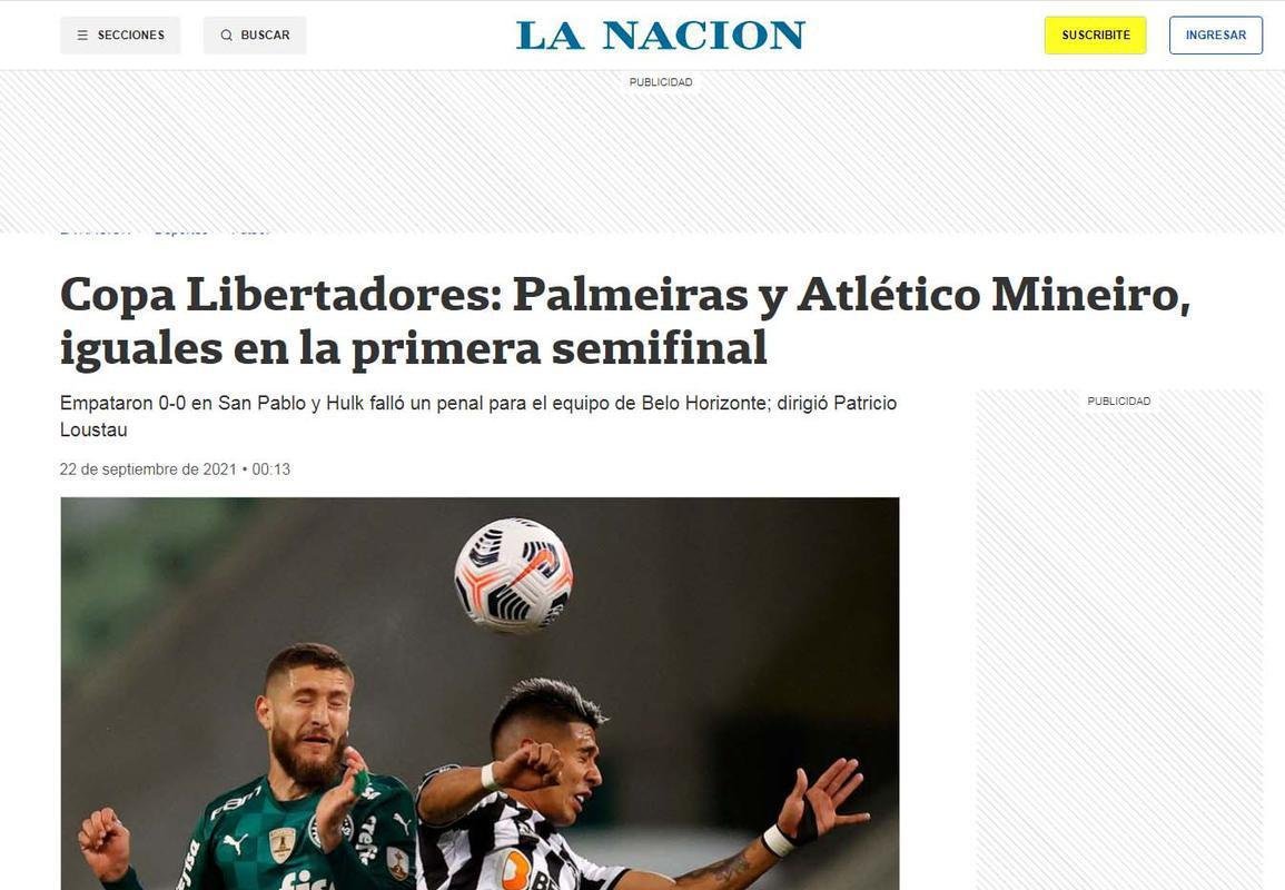 La Nacin, da Argentina: 'Palmeiras e Atltico, iguais na primeira semifinal'