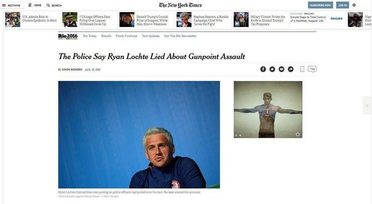 The New York Times (EUA): Nadadores maquiaram assalto. Polícia diz que Ryan Lochte mentiu sobre assalto à mão armada