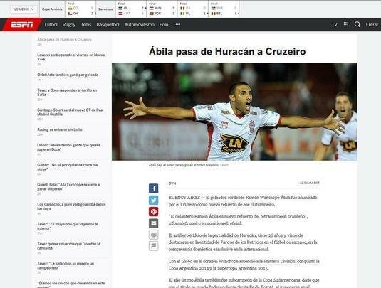 ESPN: 'Ábila se transfere do Huracán para o Cruzeiro'