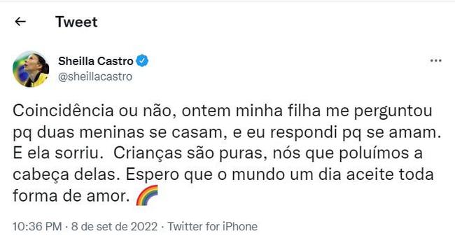 Sheilla Castro, ex-jogadora da Seleção Brasileira de Vôlei, se manifestou contra a publicação de Tandara 