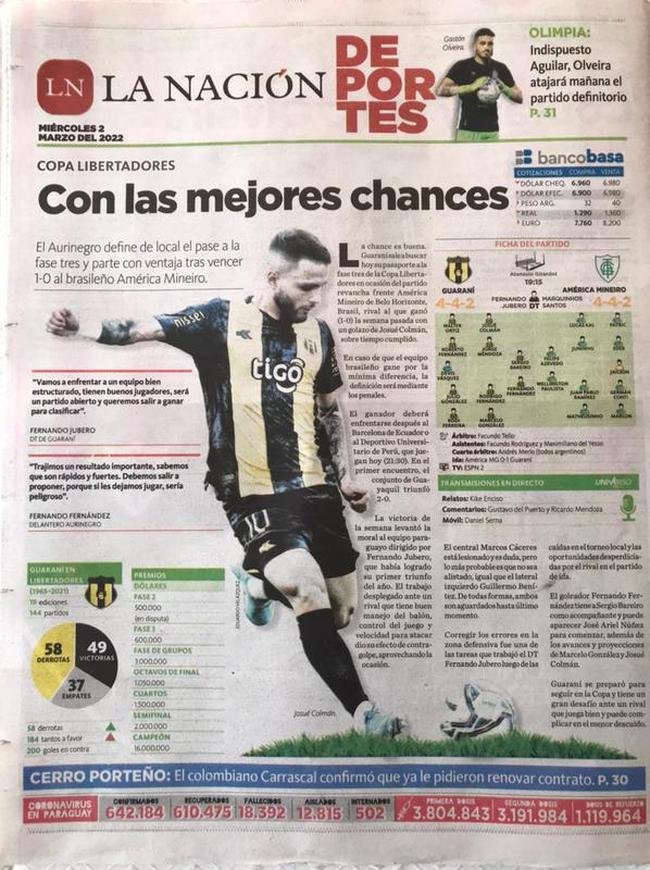 'Com as melhores chances', diz a manchete do La Nacion sobre a vantagem do Guaran na disputa com Amrica