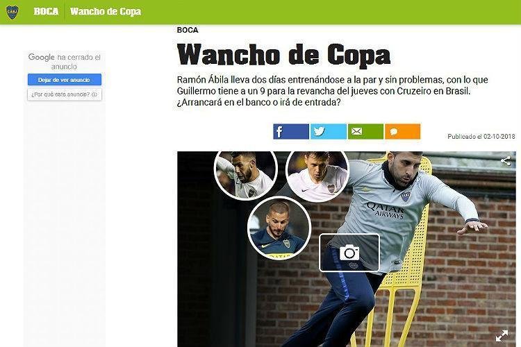 Ol: 'Ramn bila vem treinando por dois dias e sem problemas. Guillermo tem um 9 para a revanche nesta quinta-feira com o Cruzeiro, no Brasil. Ser que ele que vai comear no banco ou vai entrar?',diz a manchete do Ol, destacando a possibilidade de o ex-atacante cruzeirense reforar o Boca no Mineiro 
