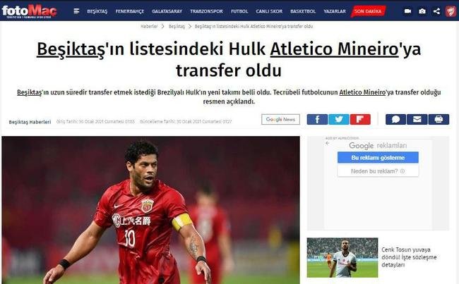 FotoMac (Turquia): o jornal turco noticiou a chegada de Hulk ao Galo. Eles afirmaram que o jogador de 34 anos estava na lista de possveis reforos do Besiktas. 