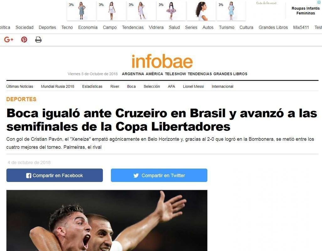 Infobae: 'Boca igualou com o Cruzeiro no Brasil e avanou s semifinais da Libertadores'