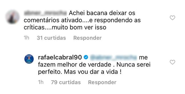 Rafael Cabral foi elogiado pela postura adotada no Instagram