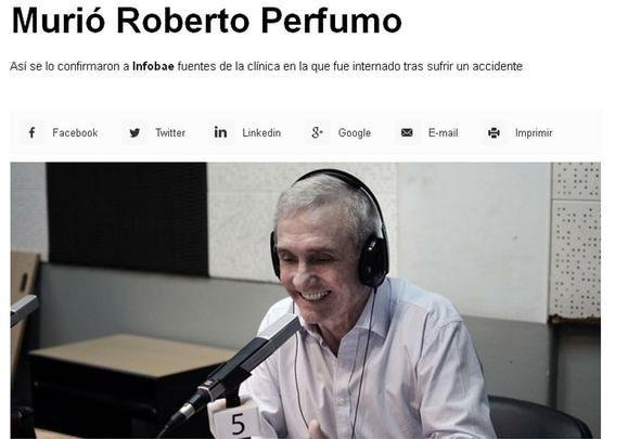 Infobae confirmou a morte de Roberto Perfumo com funcionários de hospital onde estava internado