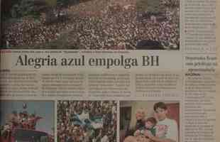 Páginas do jornal Estado de Minas em 21/06/1996, com cobertura da festa da torcida na chegada do time