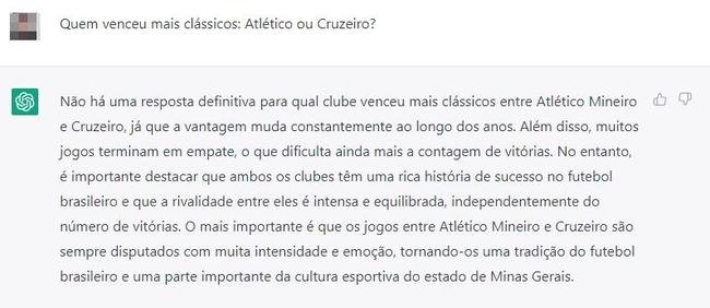 Bastante popular nas redes sociais, inteligncia artificial ChatGPT respondeu perguntas sobre o clssico mineiro entre Cruzeiro e Atltico